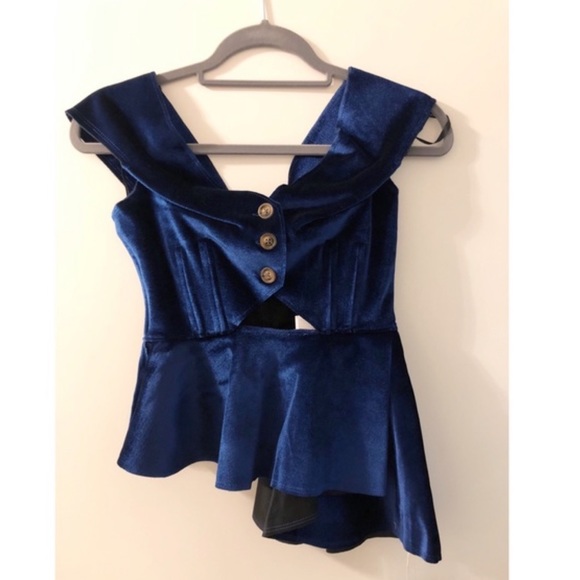 Self Portrait Off-the-Shoulder Velvet Peplum Top - Picture 3 of 5